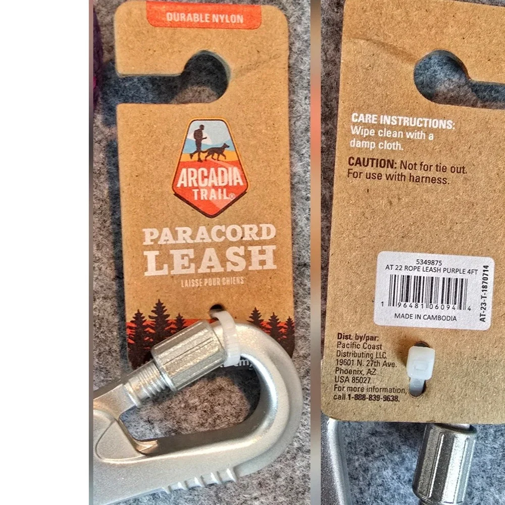 NWT Arcadia Trail Paracord Dog Rope Nylon Leash 4 feet Purple, Carabiner Clip